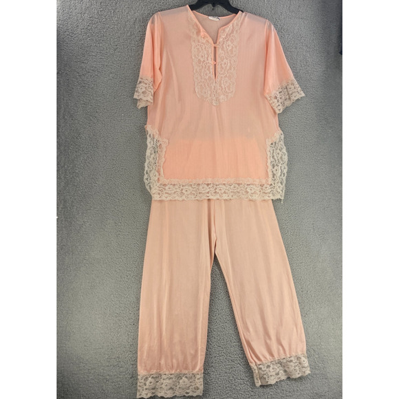 Vtg Erica Loren Pajama Set Pjs Dress Sz Large Lace Peach USA - Picture 1 of 16